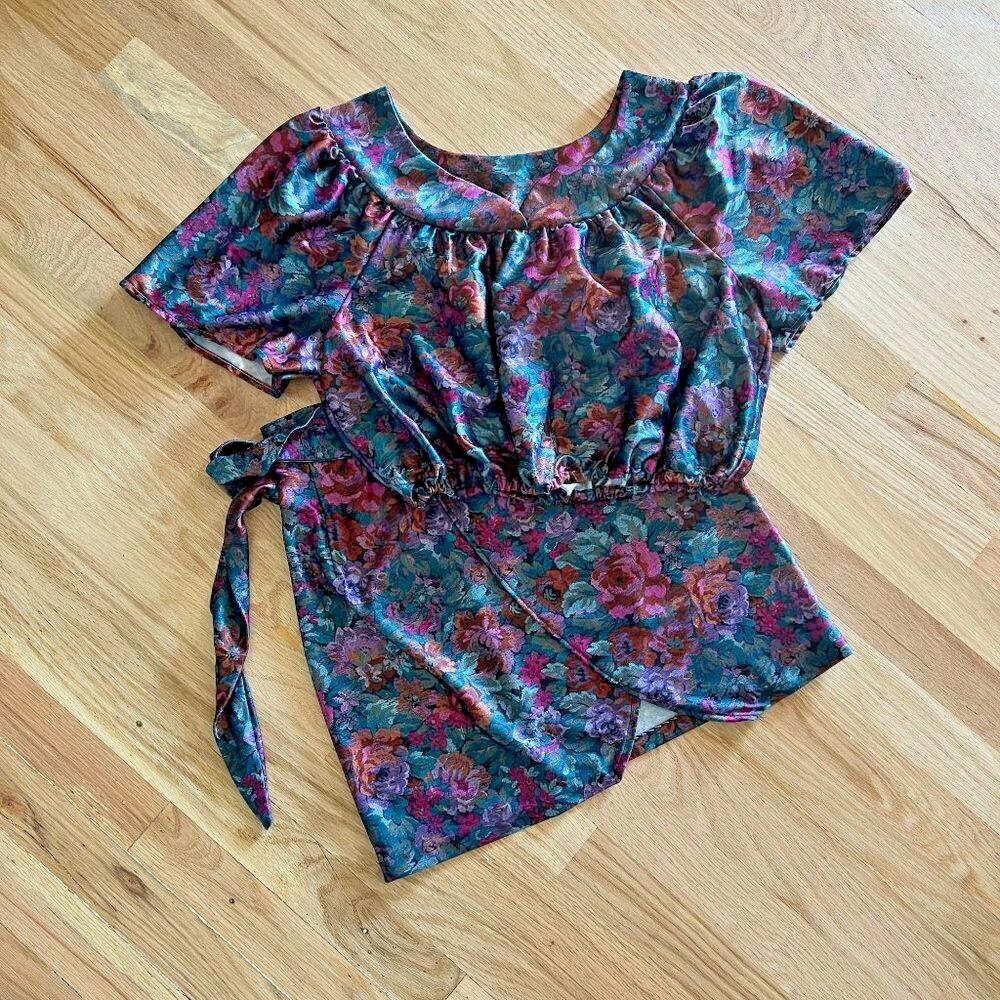 vtg upcycled 2 piece re-worked wrap‎ skirt set XS floral puff sleeves cropped